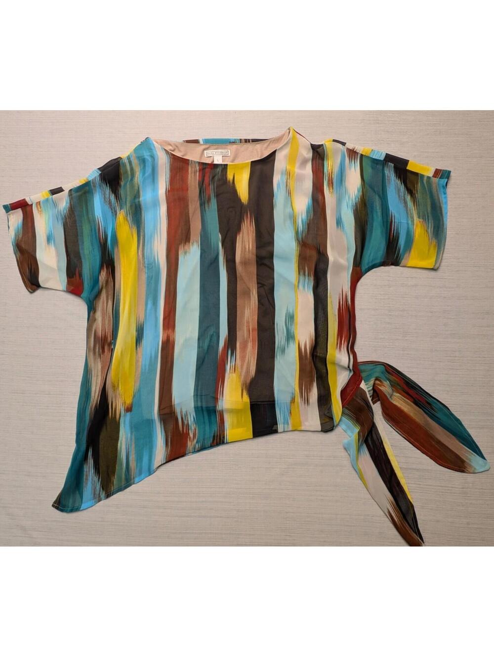 Dana Buchman Multi-Color Striped Short Sleeve Top with Side Tie Large